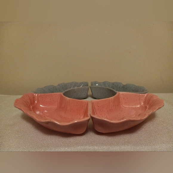 Vtg  Glazed California Pottery Lazy Susan 4 Piece Pink Gray Speckled - Picture 2 of 5
